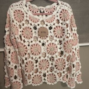 NWT BiBi Pink and White Crochet Floral Top! SZ Large
